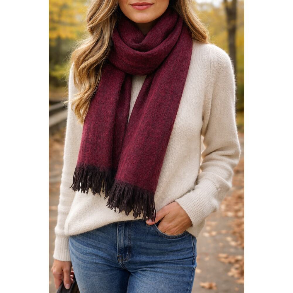 Shupaca Alpaca Scarf Berry Burgundy Black Fringe Soft Winter Scarf 70x10